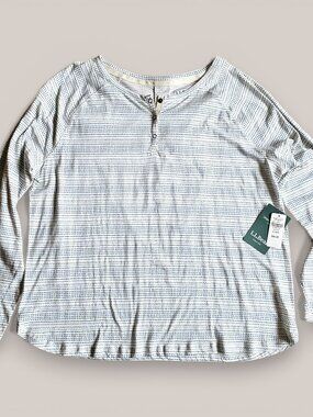 LL Bean Womens Organic Cotton Henley Long Sleeve Tshirt White Blue NEW NWT XL